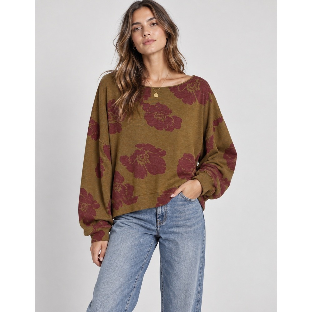 Sundry Floral Sweatshirt Womens 0 Brown Pullover Crop Top